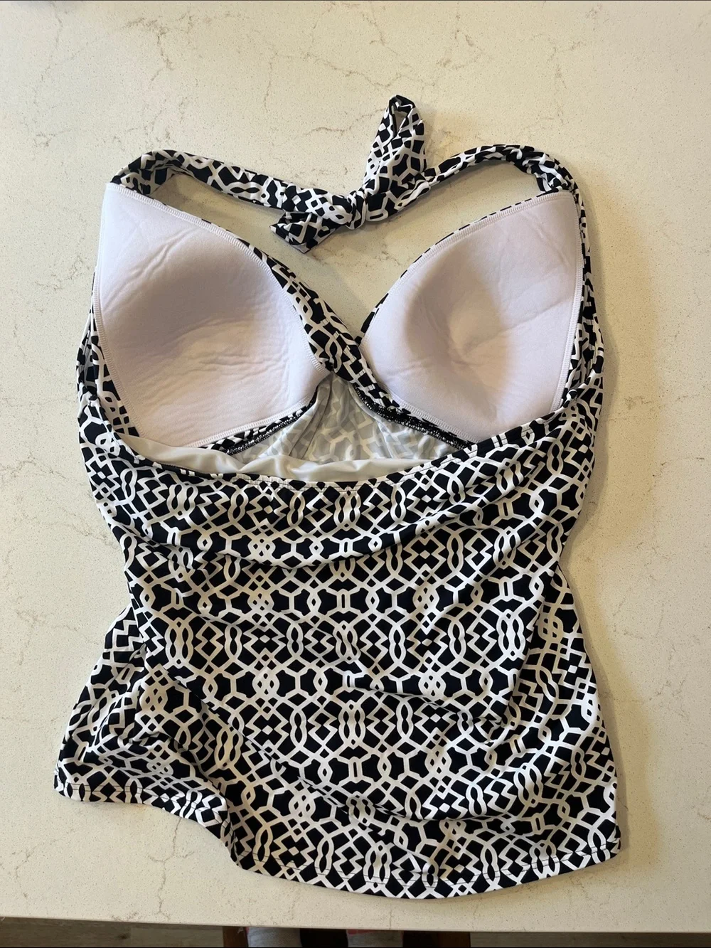 Lands' End Black & White Geometric Halter One-Piece Tankini